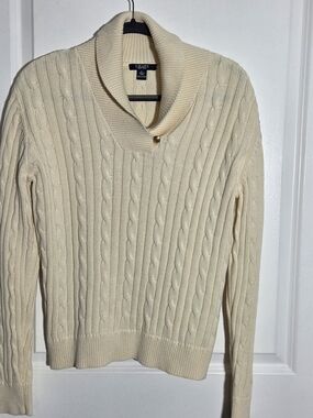 Chaps Long Sleeve  Ivory Cable Knit Shawl Collar Cotton Sweater Large